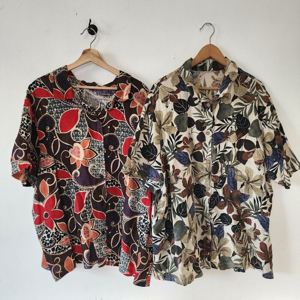 Womens Lot Of 2 Barkcloth Aloha Hawaiian Shirts Unbranded Wood Buttons Tiki